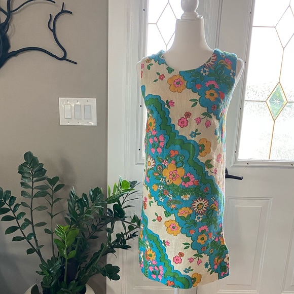 Vintage Dresses & Skirts - VINTAGE 1960s Cotton Sleeveless Bright Party Dress